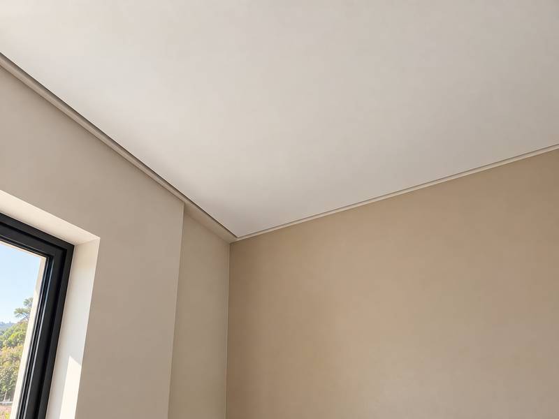 Pormenor do canto de um teto falso em pladur com alheta