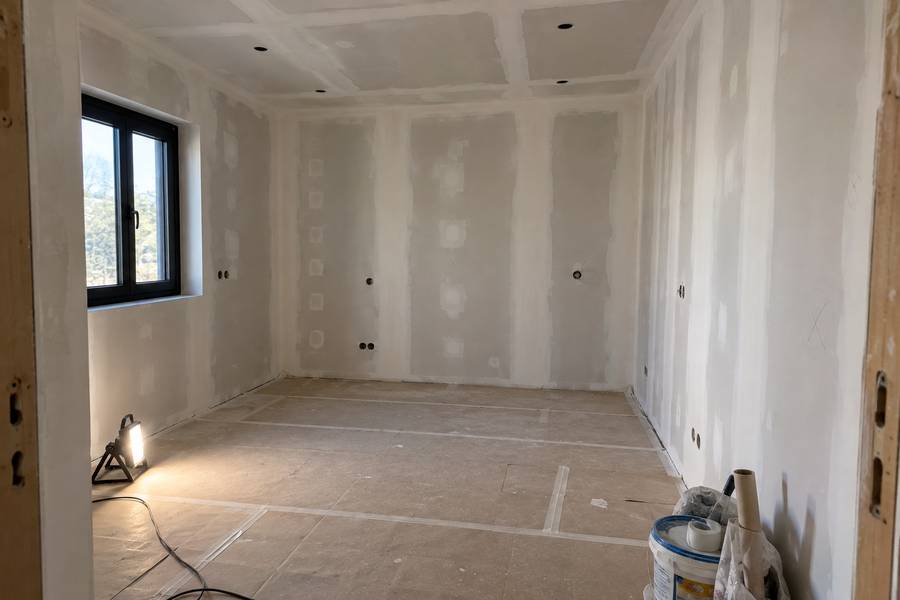 Quarto em remodelação com as paredes barradas