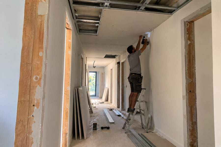 Remodelação do teto em gesso cartonado de um corredor